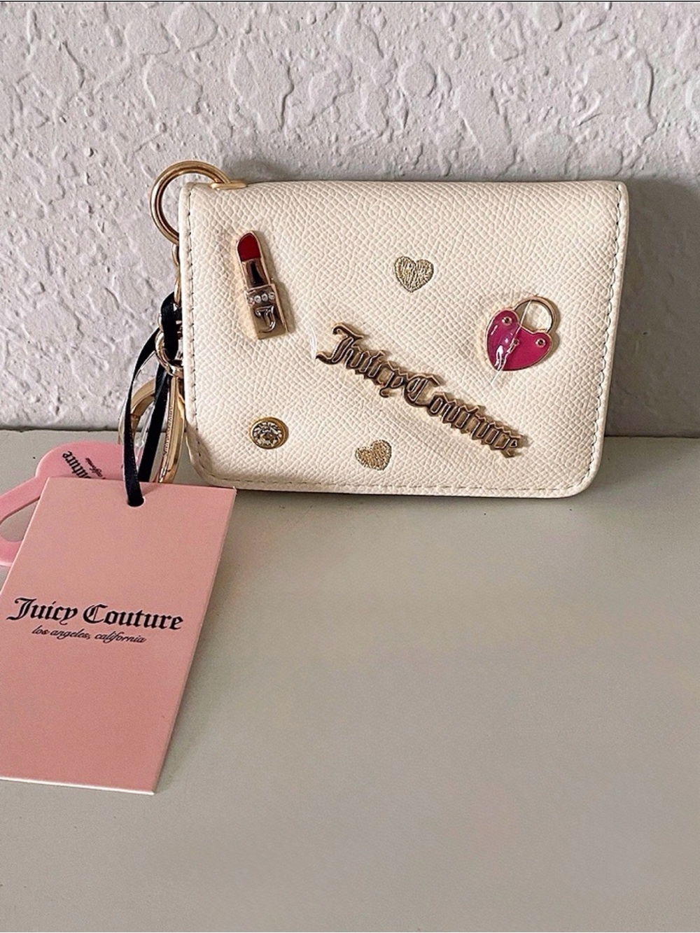 NWT Juicy Couture Cream Pink Card Holder Wallet Keychain With Charms ID Window